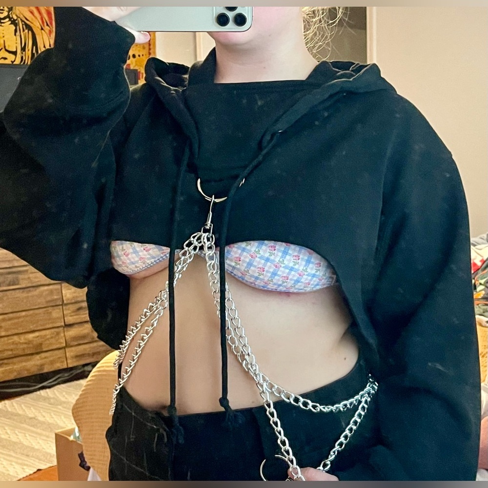 Edgy Super Cropped Gothic Black Hoodie with Side chains and Thumb Holes- Size 3X